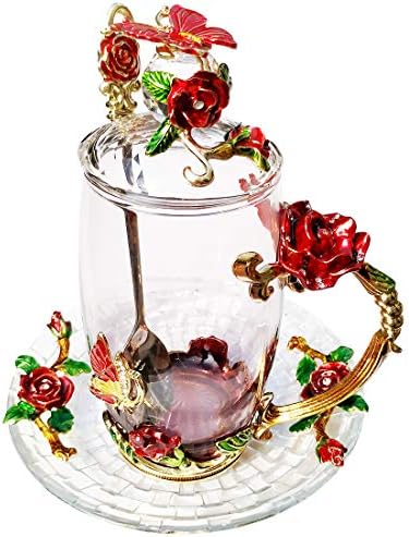 לנטרי מפואר זכוכית תה כוס עם מכסה צלחת כפית פרח קפה ספל ייחודי חג המולד מתנת יום הולדת מתנה לחבר