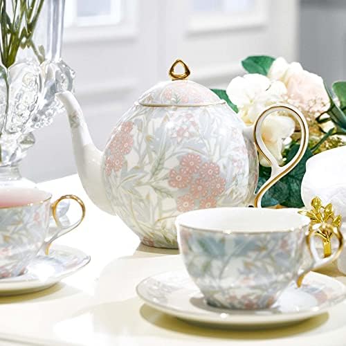 ערכת תה חרסינה של Taimei Time, ערכת קומקום אירופית עם קומקום אחד עם Infuser, 4 כוסות תה וצלוחיות, סט תה לאישה