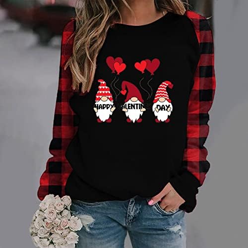 צמרות סוודר משובצות באפלו לאופנת נשים 2023 טיפה של Valentine כתף שחולצות שרוול ארוך אהבה צמרות הדפסת לב