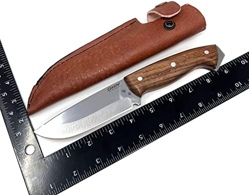 OHIY סכין בוש בעבודת יד עם סכין 4116 פלדה גרמנית בגודל 4.25 אינץ ', נדן עור אמיתי, ידית אגוז מלא טאנג מלא