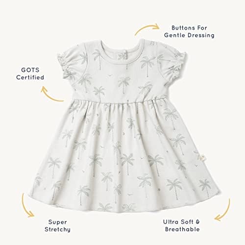 MakeMake Organics Gets שמלת כותנה אורגנית בנות שמלת שרוול נפוח משובצת פעוט שרוול קצר יילוד ל -5 שנים