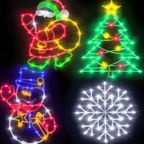 חלון חג המולד צללית אורות קישוטי אורות - 16 אינץ 'חבילה של 4 שלט צבע מואר סנטה שלג פתית שלג עץ חג המולד