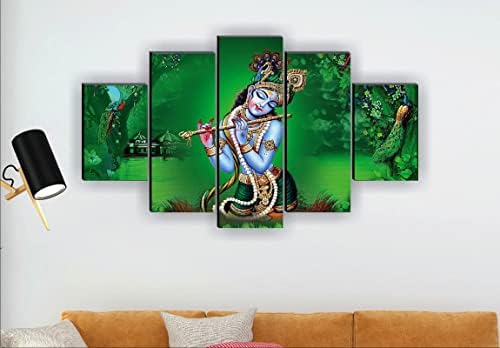 סט SAF של 5 אמנות מודרנית דתית של קרישנה יפה עם טווס זוגי ציור קיר דקורטיבי 30 אינץ 'x 18 אינץ' PNLS32203