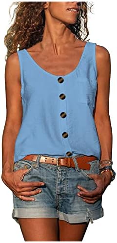 נשים ללא שרוולים חולצות מוצק סקופ צוואר אפוד כפתור למטה טוניקת אירופאי ואמריקאי קיץ חדש טנק חולצה
