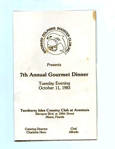 ארוחת ערב השנתית השנתית של דולפינים 1983 DOROTHY SHULA תפריט חתום נדיר עם COA