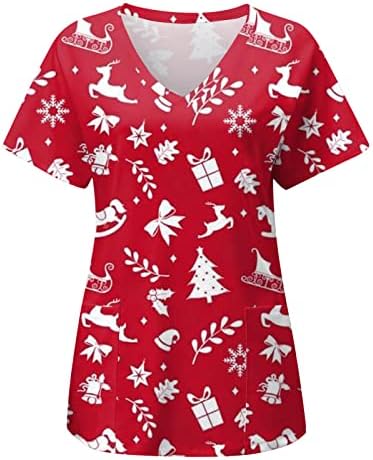 צמרות קרצוף לחג המולד נשים שרוול קצר נגד לבוש עבודה בצוואר חולצה מצוירת חמודה עם כיסים שנה טובה 2023 צמרות