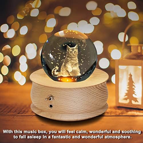 קופסת מוסיקה של כדור קריסטל תלת מימדי עם אור הקרנה אור, קופסאות מוזיקליות מסתובבות בסיס עץ,
