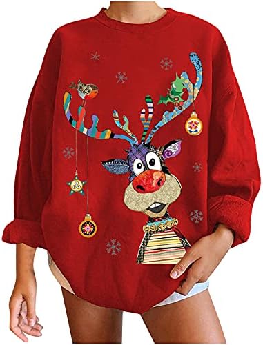 חולצות שרוול ארוך לחג המולד לנשים סווטשירט סווטשירט מצחיק איילים מצחיקים משובצים משובצים משובצים