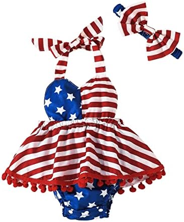 נובו 4 ביולי תינוקות תינוקות תינוקות דגל אמריקאי הלטר רומפר פום פום שמלה לא אחורה קשת קשת סט קיץ