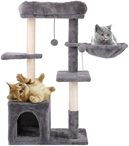עץ חתול ג 'ישון לחתולים מקורה-מגדל חתולים עם עמוד שריטה של חתול סיסל, ערסל, מערה עם 2 דלתות-דירת חתולים
