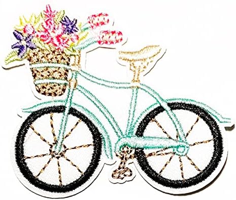 טלאי נדיר אופניים כחולים עם סל פרחים ציור מצויר טלאי רקמות אופנה מדבקה לוגו כובע כובע פולו תרמיל