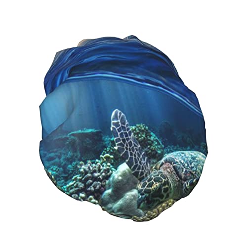 צב ים צף למעלה ומעל אלמוגים כובע מקלחת מודפס סאטן מכסה שיער כובע שיער אטום למים כובעי אמבטיה אלסטיים