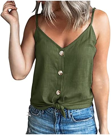 PMMQRRKUU נשים כפתור קדמי רצועות ספגטי חילול חלבון עליון בקיץ חולצה ללא שרוולים טוניקה רופפת טי מיכל צוואר