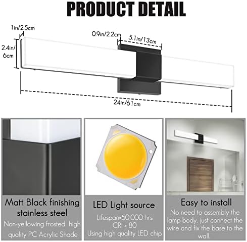 אור יהירות אמבטיה של פליניקס 24 אינץ ' 20 וואט אור קיר מודרני ניתן לעמעום 3 צבעים עם 3000 קראט/4000 קראט/5000