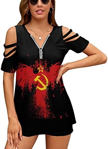 רוסיה פטיש דגלי וו ברית המועצות מגל נשים של קר כתף חולצות קצר שרוול הדפסת חולצה מזדמן צווארון