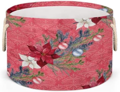 פרח חג המולד Poinsettia 04 סלים עגולים גדולים לאחסון סלי כביסה עם ידיות סל אחסון שמיכה למדפי