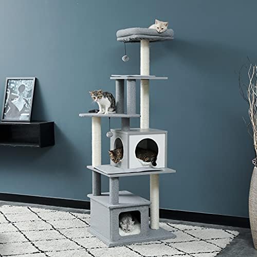 סטנלייט חתול עץ גבוה חתול מגדל עם מגרד הודעות, מודרני, 2 דירות למעלה מוט אפור, אפור