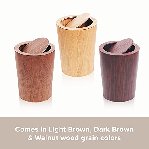 פח אשפה עגול מודרני עם מכסה-סל פסולת עץ אמיתי בצבע חום כהה-9.25 על 7.5 על 11.8 פח אשפה קטן עליון