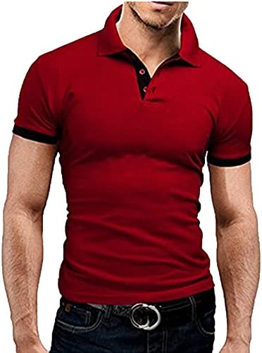 וונקומג1 תערובת כותנה לגברים בצבע רגיל חולצת פולו עם שרוול קצר בכושר דק, חולצת גולף טניס עם צווארון ניגוד