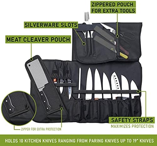 שף סכין רול תיק מחזיק 10 סכינים-מכיל 2 גדול כיסי רוכסן עבור בשר קופיצים בישול כלים - עמיד סכין מקרה עבור שפים