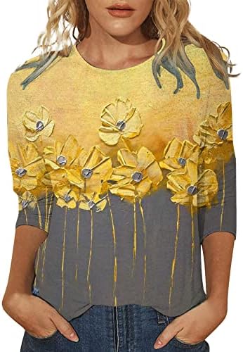 צמרות נשים לבושות מזדמנים 3/4 שרוול, דפוס פרחוני צוואר עגול שלוש שרוולים חולצות חולצות חוף חולצה