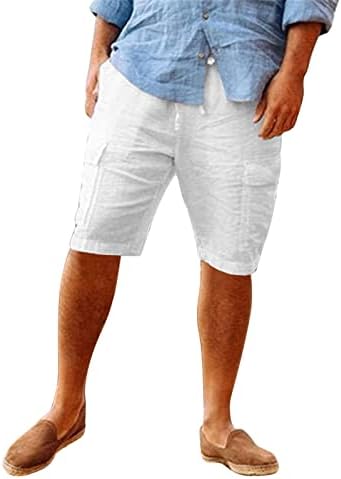מכנסי מטען של פשתן גברים 7 אינץ 'קיץ מזדמן מותניים מזדמנים מכנסיים קצרים משוררים מכנסיים קצרים לחוף רגיעה