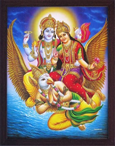 האל העליון ההינדי וישנו עם האלה לאקשמי על גארודה נותן ברכות, ציור פוסטר עם מסגור, חובה למטרה