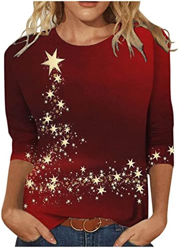 נשים חג המולד חולצה 3/4 שרוול איל חג המולד עץ אורות טי בסוודרים חולצה מזדמן חמוד גרפי סתיו חולצות