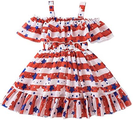 יילוד ילדה שמלת פעוט בנות ללא שרוולים עצמאות יום פסים מודפס שמלת 4 ביולי ילדים ראפלס נסיכה