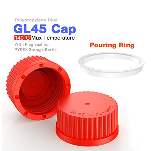 כובעי בורג של KS-TEK 5 יחידות GL45 עם טבעת שופכת לבקבוקי זכוכית מעבדה, פוליפרופילן, 45 ממ