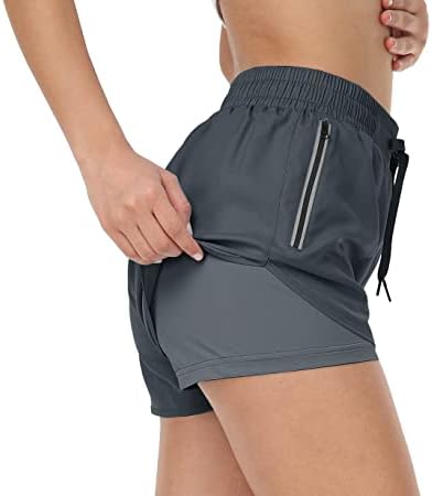 MOFIZ 2 לנשים ב -1 מכנסיים קצרים ריצה אלסטיים מותניים מתכווננים מכנסיים אתלטיים עם כיס רוכסן כסף רפלקטיבי