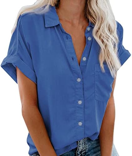חולצת חולצה לחולצה לנשים קיץ סתיו שרוול קצר 2023 כפתור צוואר צב כלפי מעלה פשוט רופף בכושר רגוע כושר