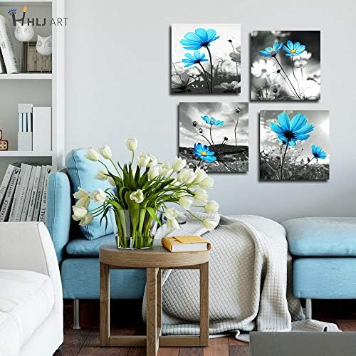 אמנות קיר פרחים כחולים: תמונות קנבס פרחוניות של קישודים לקישוטים לסלון, יצירות אמנות אפורות מודרניות 4 פרחי
