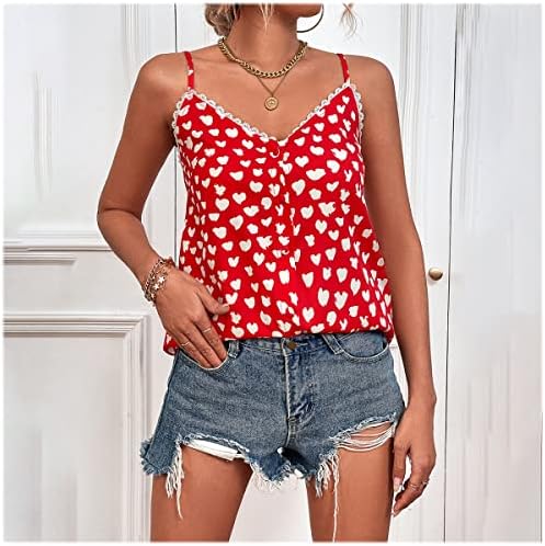 נשים גופיות תחרה הנלי עם צוואר טוניקת אפוד קיץ ללא שרוולים מקרית חולצות אהבה מודפס ביריות חולצה