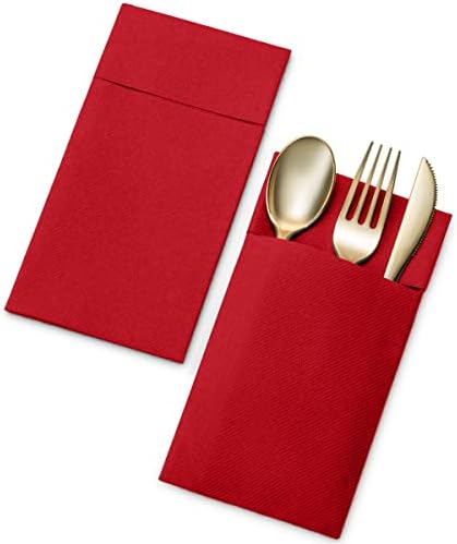 מפיות ארוחת פשתן חד פעמיות מפיות עם כיס סעיף מובנה, בד אדום מראש באדום כמו מפיות נייר לחתונה, ארוחת ערב או מסיבה