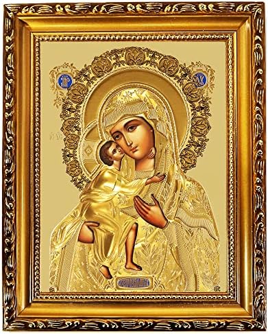 מדונה אורתודוכסית קתולית ואייקון ילד, מריה מריש ישוע בזהב 9 1/2 אינץ ', נייר זהב, מתנה דתית לאישה, גבר