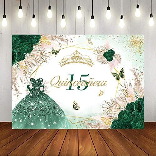 15 יום הולדת רקע עבור בנות נסיכת בוהו ירוק אקליפטוס עלים זהב נקודות רקע ויניל בוהמי ערבה דשא מתגעגע חבושים