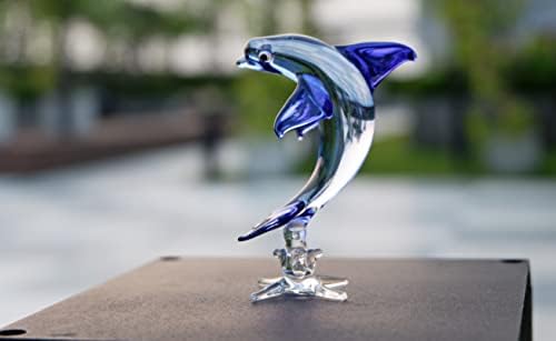 1shopforyou 2½ דולפין כחול גובה דולפין יד מנוטורה מזכוכית זכוכית דגי דגי פסלון פסל פסל מתנות לעיצוב אספנות