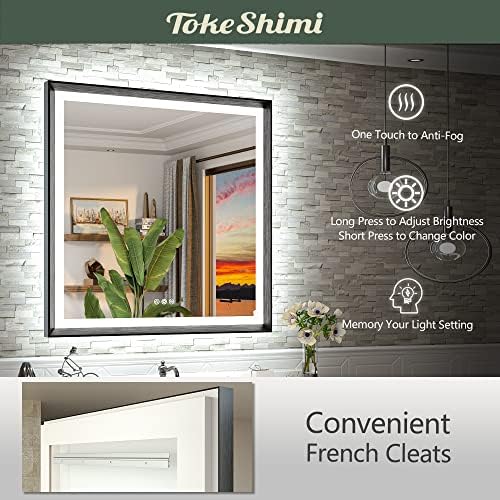 Tokeshimi 36x36 אינץ 'מראה קיר אמבטיה למראה יהירות עם אורות קדמיים ומלבן סגסוגת סגסוגת סגסוגת