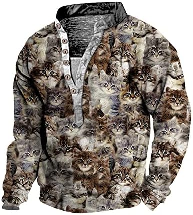 גברים כפתור מזדמן שרוול ארוך שרוול הנלי חולצות חתול neko הדפס משקל קל משקל טקטי 6 כפתור חולצה לחולצות