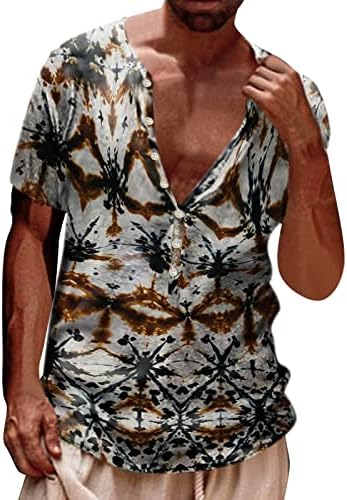 Ubst Mens Aztec Henley חולצות 3D רטרו במצוקה Boho Print כפתור V צוואר צוואר צוואר