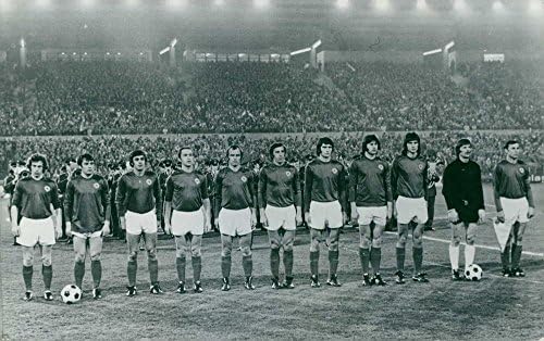 תצלום וינטג 'של שחקני קבוצת הכדורגל הלאומית של יוגוסלבית עומדים בתור מול הצופים באצטדיון.