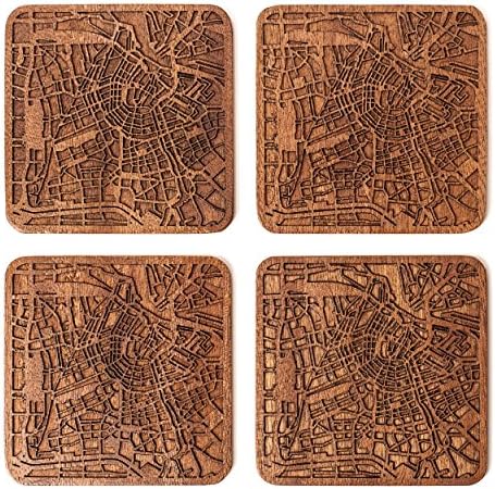 רכבת מפות אמסטרדם מאת O3 Design Studio, סט של 4, רכבת עץ של ספלה עם מפת עיר, בעבודת יד, בעבודת יד,