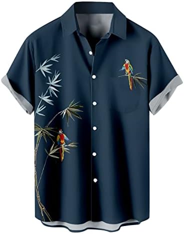 2023 גברים חדשים פשוטים הוואי הדפסת תוכי שרוול קצר שרוול כפתור דש דש חולצה שרוול קצר למעלה פונה למטה