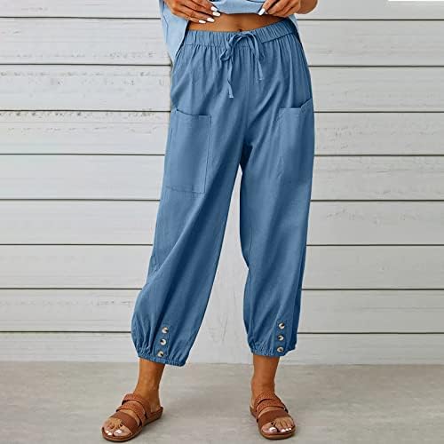 נשים מקרית פנס מחודד הרמון מכנסיים כושר רופף סגנון פשתן קרסול מכנסיים קיץ בבאגי מכנסיים עם כיס