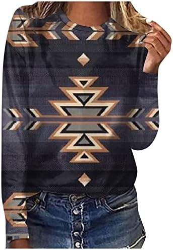 נשים מערבי חולצות סתיו האצטקים ארוך שרוול טי חולצות אינדיאני אתני בגדים מקרית צווארון עגול סוודר רופף חולצות