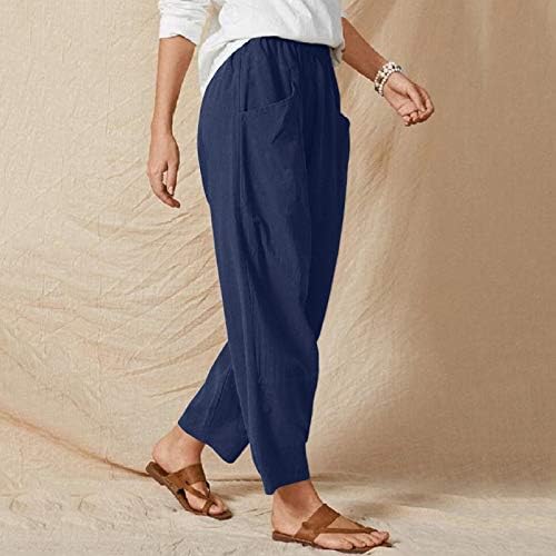 קיץ מזדמן כותנה פשתן מכנסיים לנשים בבאגי רחב רגל מכנסיים גבוהה מותן חוף מכנסיים עם כיסים נוחות מכנסיים