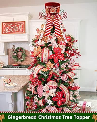 טופר עץ חג המולד של ג'ינג'ר, כובע עליון אדום עם קנדי ​​קני קנב קשת עוגיות בית קשתות, חופשות חורף עץ חג המולד