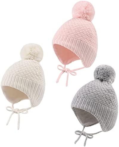 כובעי חורף לתינוקות כובע כפתת תינוק מרופדת ללידה לילדים סרוגים ילדים עם פומפום 0-8 שנים
