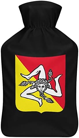 דגל של לוגו של סיציליה טרינאקריה בקבוק מים חמים מודפס עם כיסוי קטיפה רכה שקית הזרקת מי גומי 1000 מל